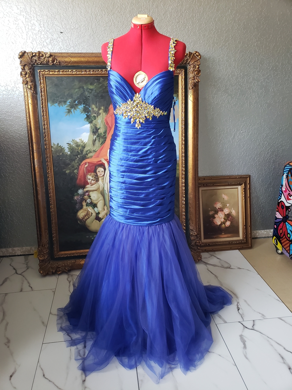 Royal Blue Beaded Mermaid Prom Dress with Tulle Skirt and Embellished Straps